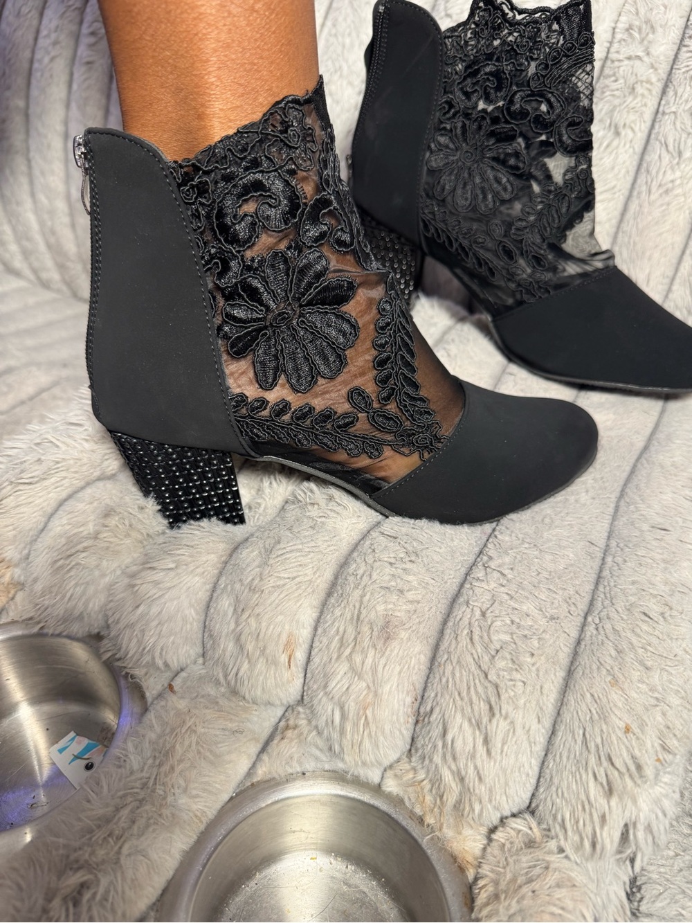 Black Lace Mesh Ankle Booties with Embellished Block Heel - Women Shoes